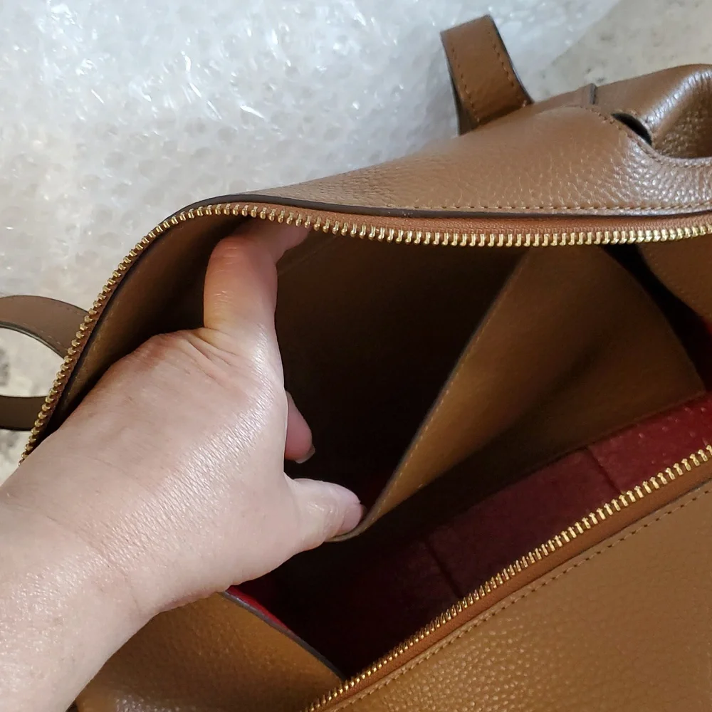 Tory burch Satchel rich Brown Leather Handbag with Red Accent - Picture 7 of 12